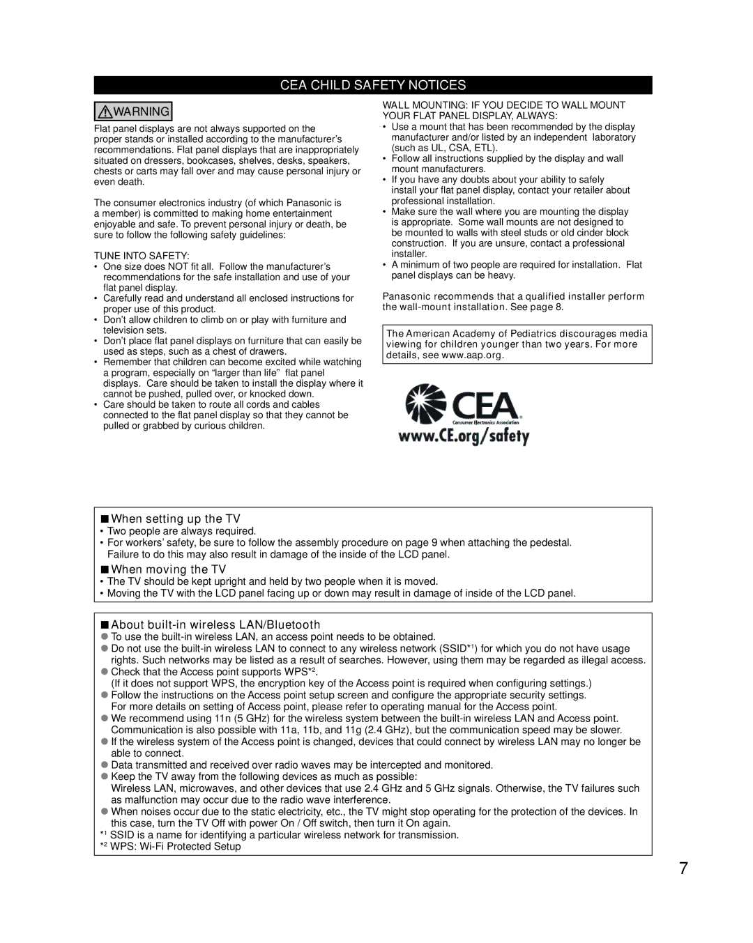 Panasonic TC-L47DT50, TC-L55DT50 When setting up the TV, When moving the TV, About built-in wireless LAN/Bluetooth 