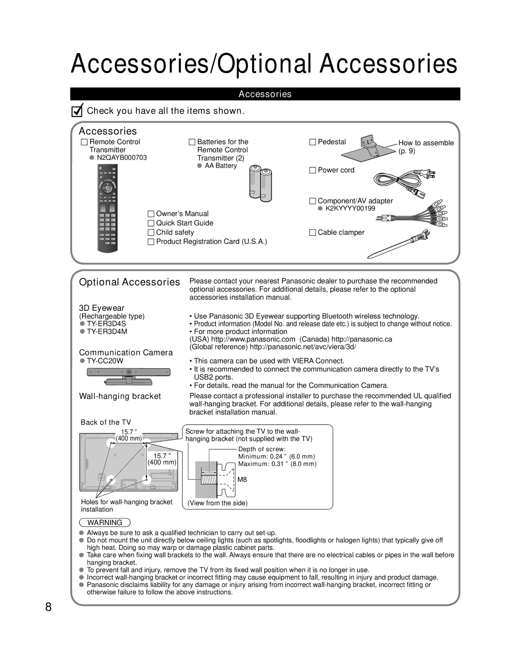 Panasonic TCL47DT50, TC-L55DT50, TC-L47DT50 Accessories, Communication Camera, Wall-hanging bracket, Back of the TV 