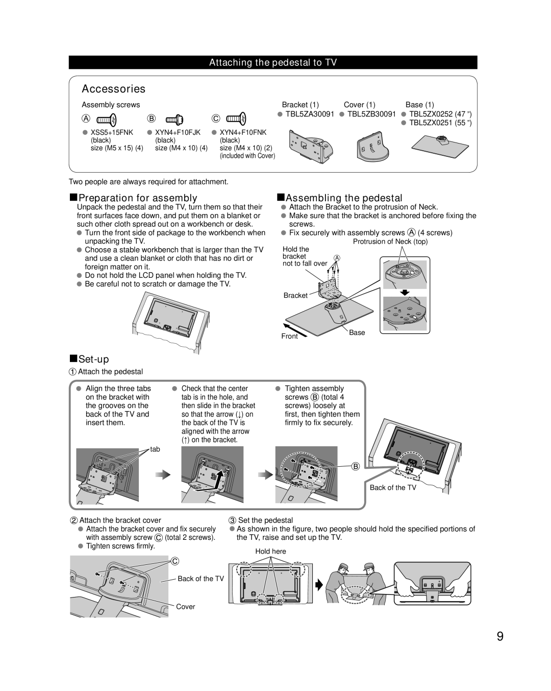 Panasonic TC-L55DT50, TC-L47DT50 Attaching the pedestal to TV, Assembly screws Bracket Cover Base TBL5ZA30091 TBL5ZB30091 