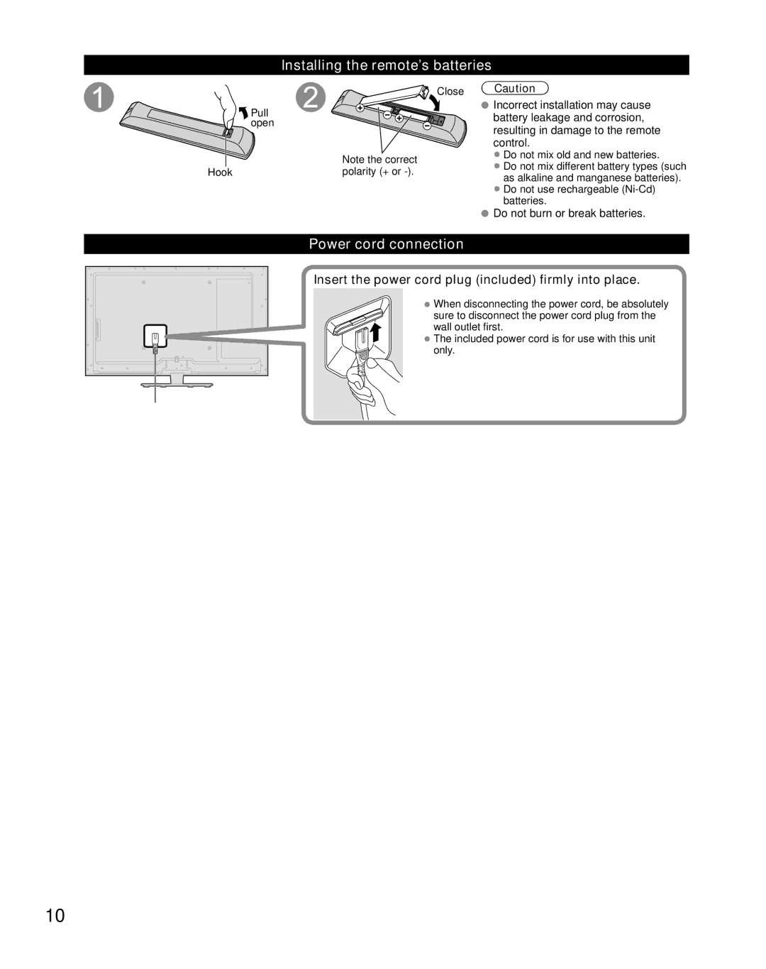 Panasonic TC-L47ET5, TC-L55ET5, Panasonic TC-L47E50 Installing the remote’s batteries, Power cord connection, Close Caution 