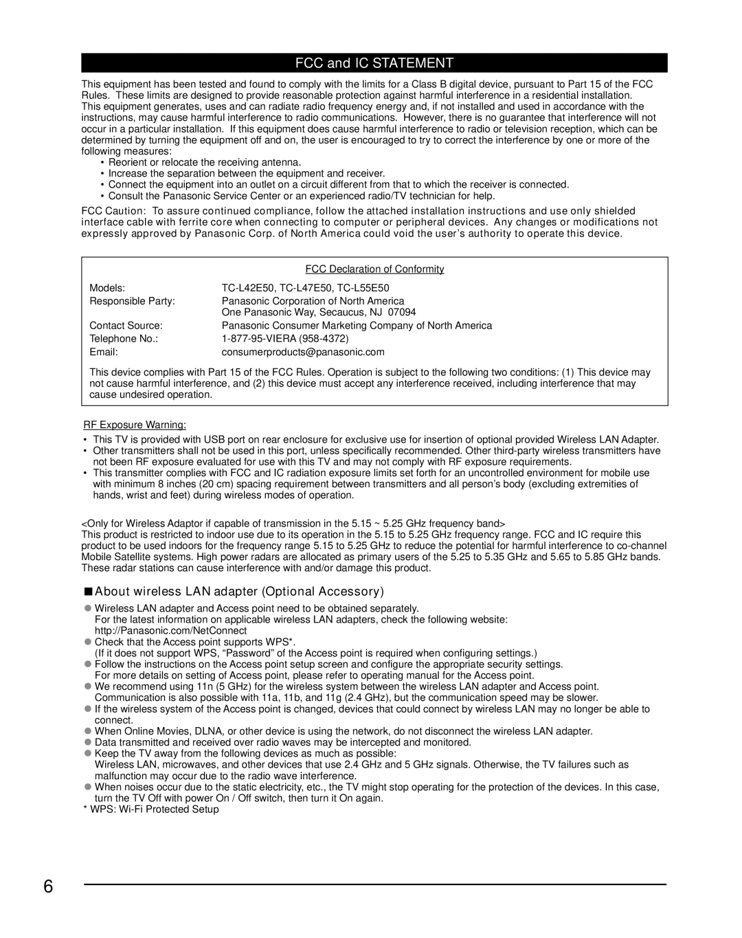 Panasonic TCL42E50, TC-L55ET5, Panasonic TC-L47E50 FCC and IC Statement, About wireless LAN adapter Optional Accessory 