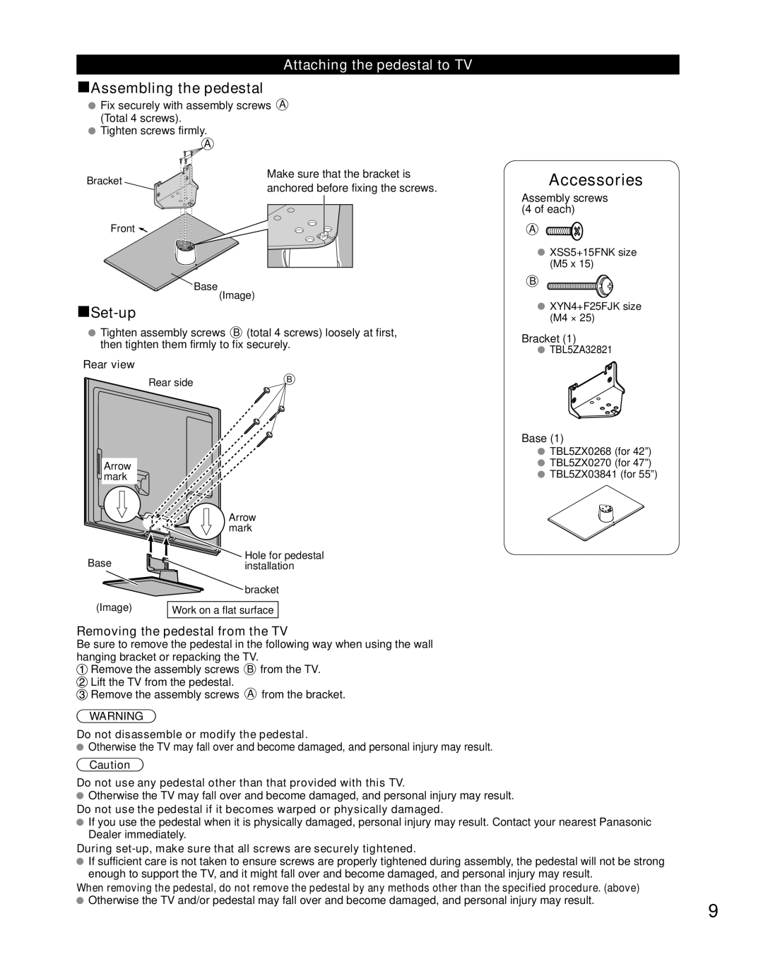 Panasonic TC-L55E50, TC-L55ET5, TC-L47ET5 Attaching the pedestal to TV, Removing the pedestal from the TV, Rear view 