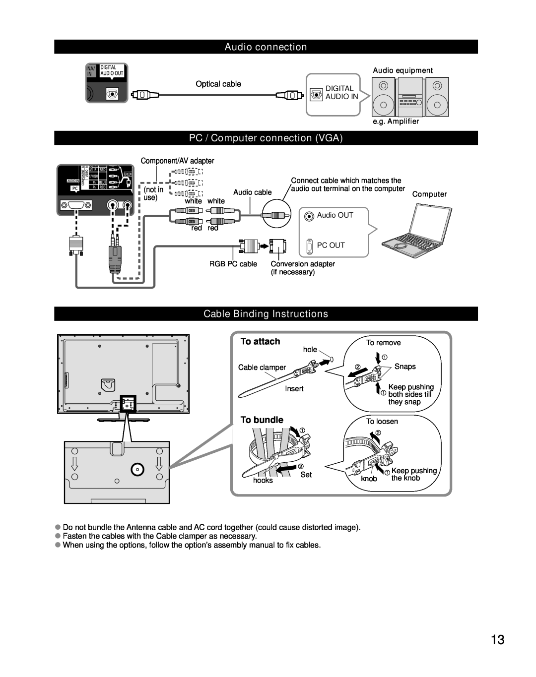 Panasonic TCL42E50 Audio connection, PC / Computer connection VGA, Cable Binding Instructions, To attach, To bundle 