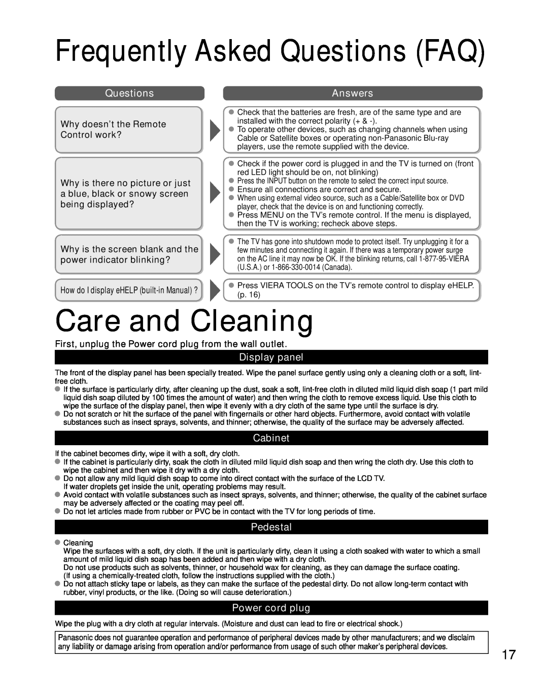 Panasonic TC-L47ET5, TCL42E50 Care and Cleaning, Frequently Asked Questions FAQ, Answers, Display panel, Cabinet, Pedestal 