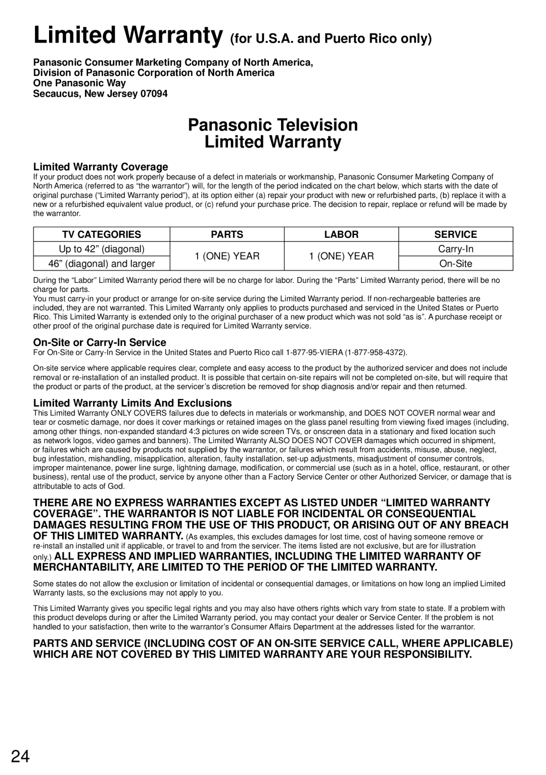 Panasonic TC-L58E60 Limited Warranty Coverage, On-Site or Carry-In Service, Limited Warranty Limits And Exclusions 