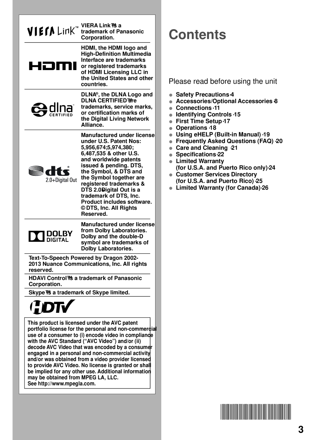 Panasonic TC-L42E60, TC-L58E60, TC-L65E60, TC-L50E60, TC-L42EW60, TCL50E60, TCL58E60, TCL42E60 owner manual Contents 