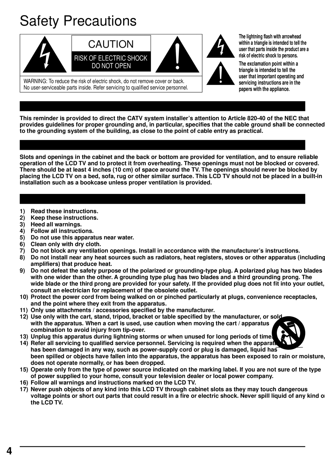 Panasonic TC-L42EW60, TC-L58E60, TC-L65E60 Safety Precautions, Secure Ventilation, Important Safety Instructions TV set 