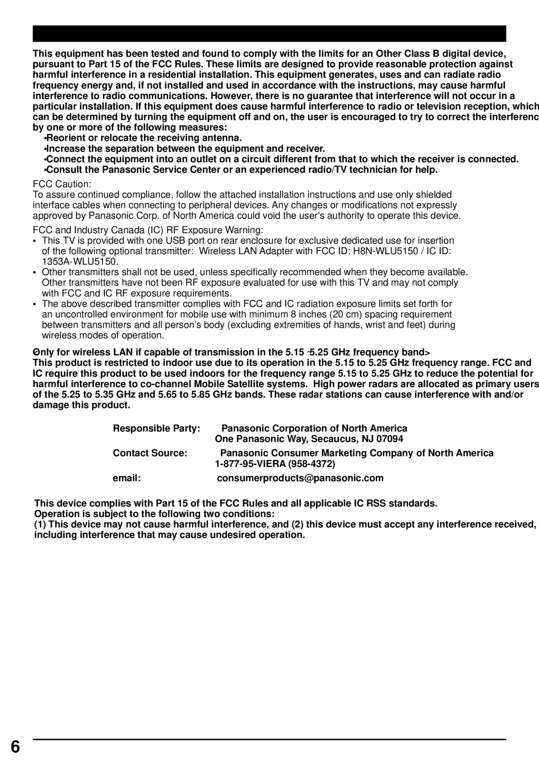 Panasonic TCL58E60, TC-L58E60, TC-L65E60, TC-L50E60, TC-L42E60, TC-L42EW60, TCL50E60, TCL42E60 FCC and IC Statement, FCC Caution 