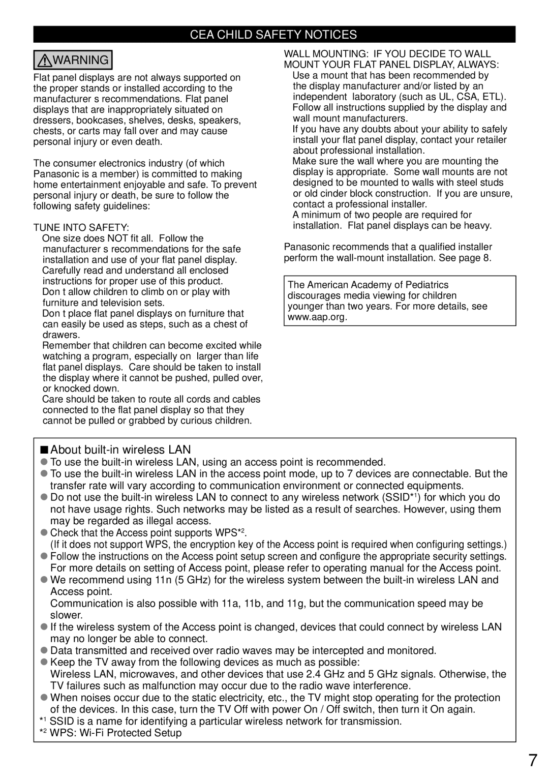 Panasonic TCL42E60, TC-L58E60, TC-L65E60, TC-L50E60, TC-L42E60, TC-L42EW60, TCL50E60, TCL58E60 CEA Child Safety Notices 