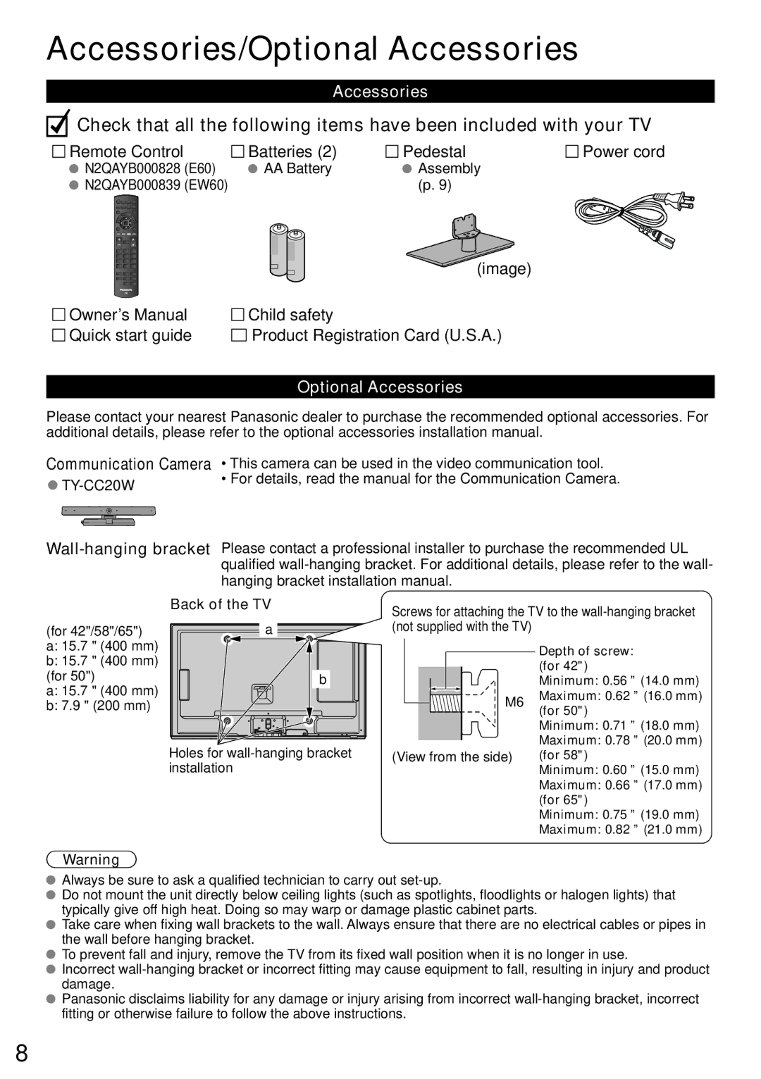 Panasonic TC-L58E60, TC-L65E60, TC-L50E60, TC-L42E60, TC-L42EW60, TCL50E60 Accessories/Optional Accessories, Back of the TV 