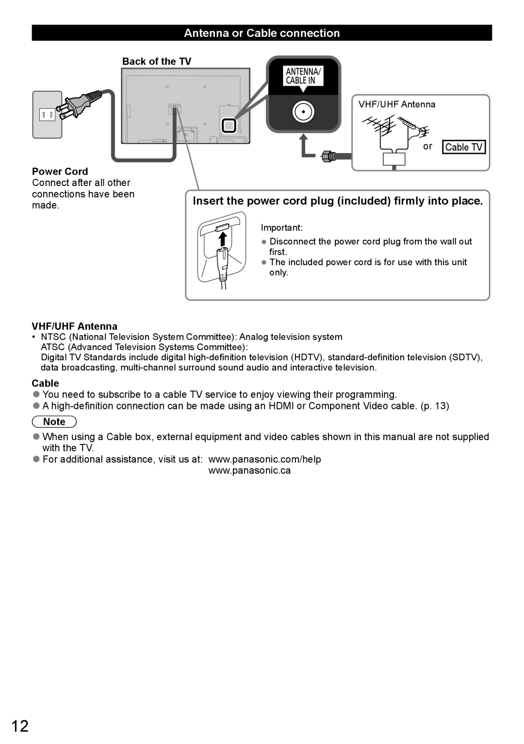 Panasonic TC-L60DT60 Antenna or Cable connection, Insert the power cord plug included firmly into place, Or Cable TV 