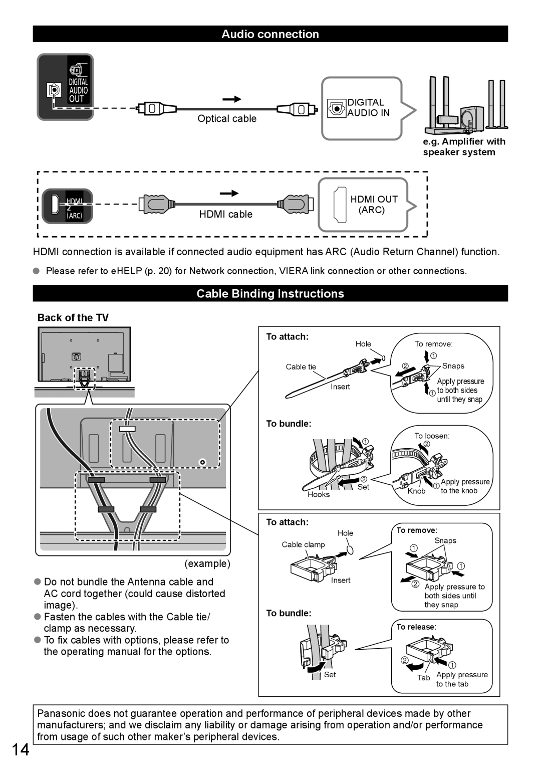 Panasonic TC-L60DT60 owner manual Audio connection, Cable Binding Instructions, Optical cable 