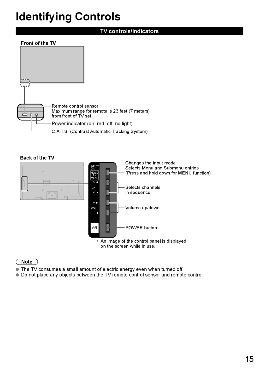 Panasonic TC-L60DT60 Identifying Controls, TV controls/indicators, Front of the TV, Power indicator on red, off no light 