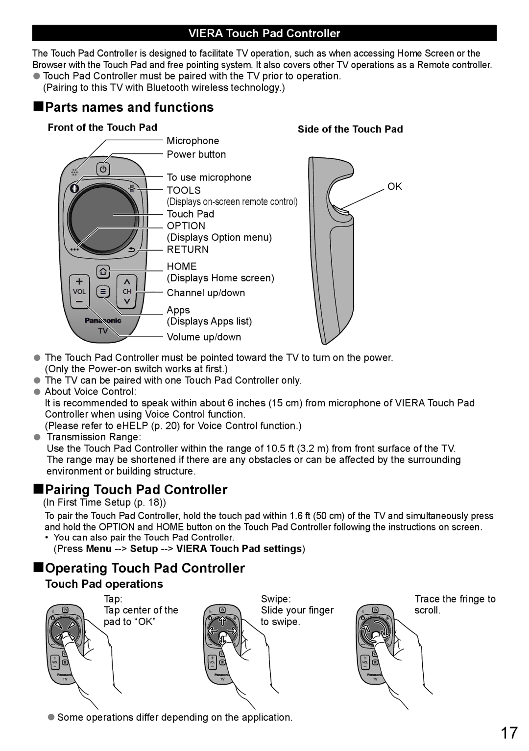 Panasonic TC-L60DT60 Viera Touch Pad Controller, Touch Pad operations, Front of the Touch Pad, Side of the Touch Pad 