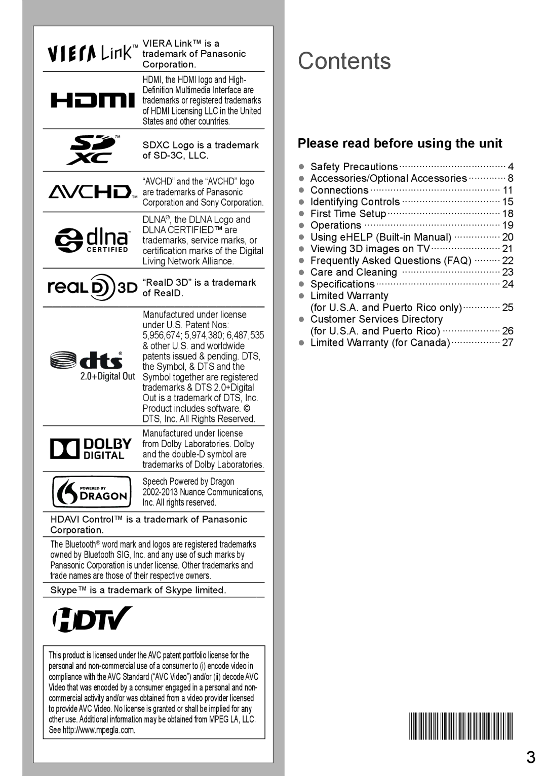 Panasonic TC-L60DT60 owner manual Contents 