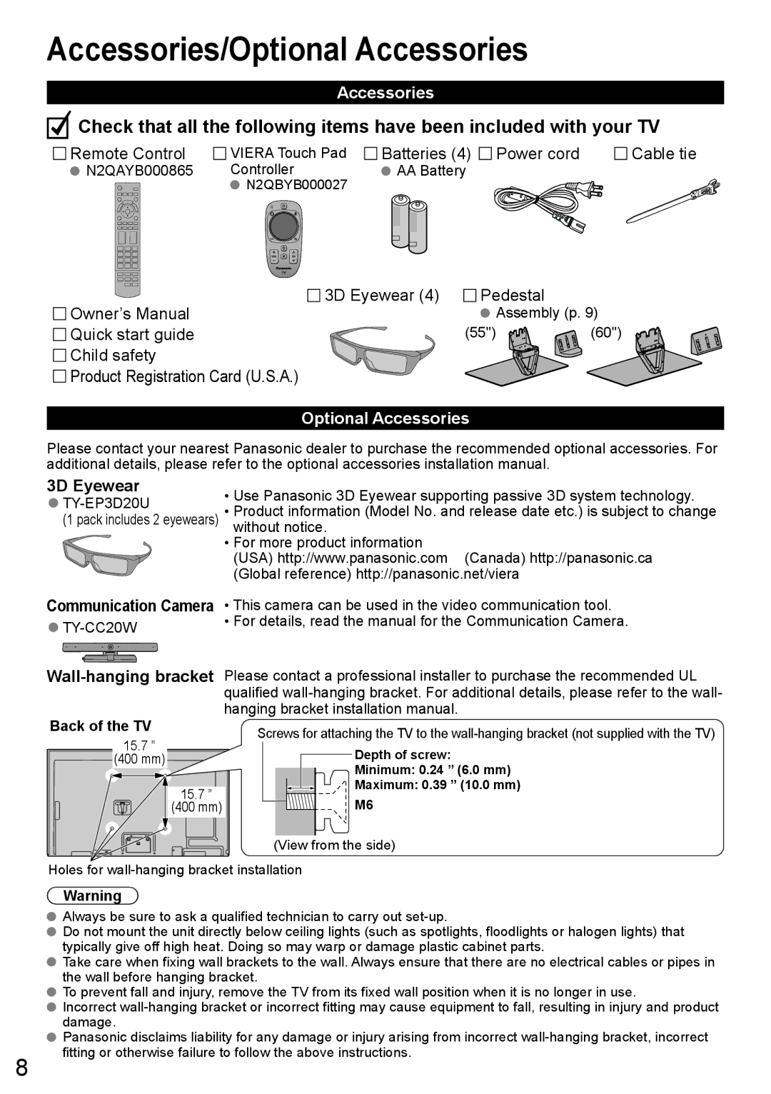 Panasonic TC-L60DT60 owner manual Accessories/Optional Accessories, 3D Eyewear, Back of the TV 