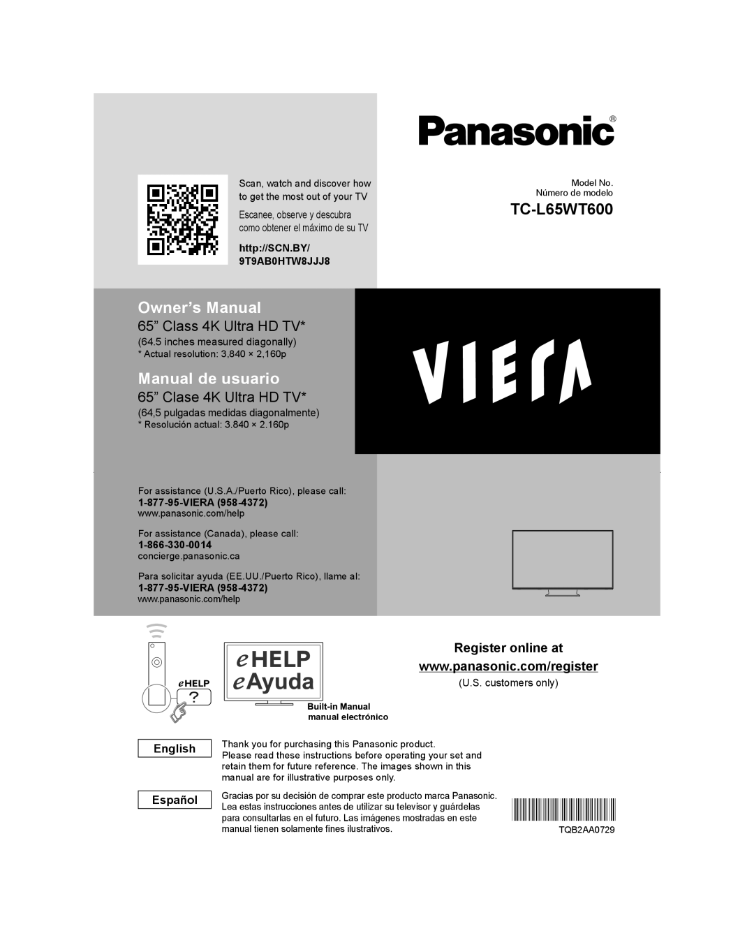 Panasonic TC-L65WT600 owner manual English Español, Http//SCN.BY/ 9T9AB0HTW8JJJ8, Viera 