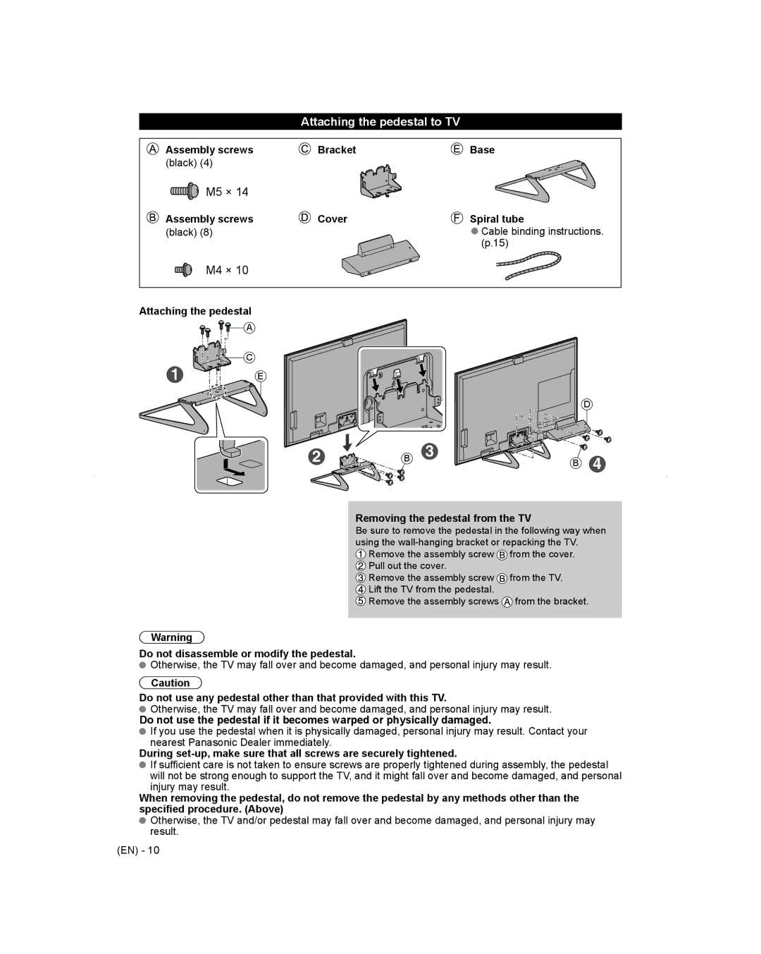 Panasonic TC-L65WT600 owner manual Attaching the pedestal to TV, Assembly screws Bracket, Black 