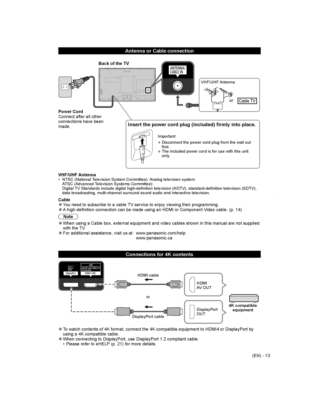 Panasonic TC-L65WT600 owner manual Antenna or Cable connection, Connections for 4K contents 