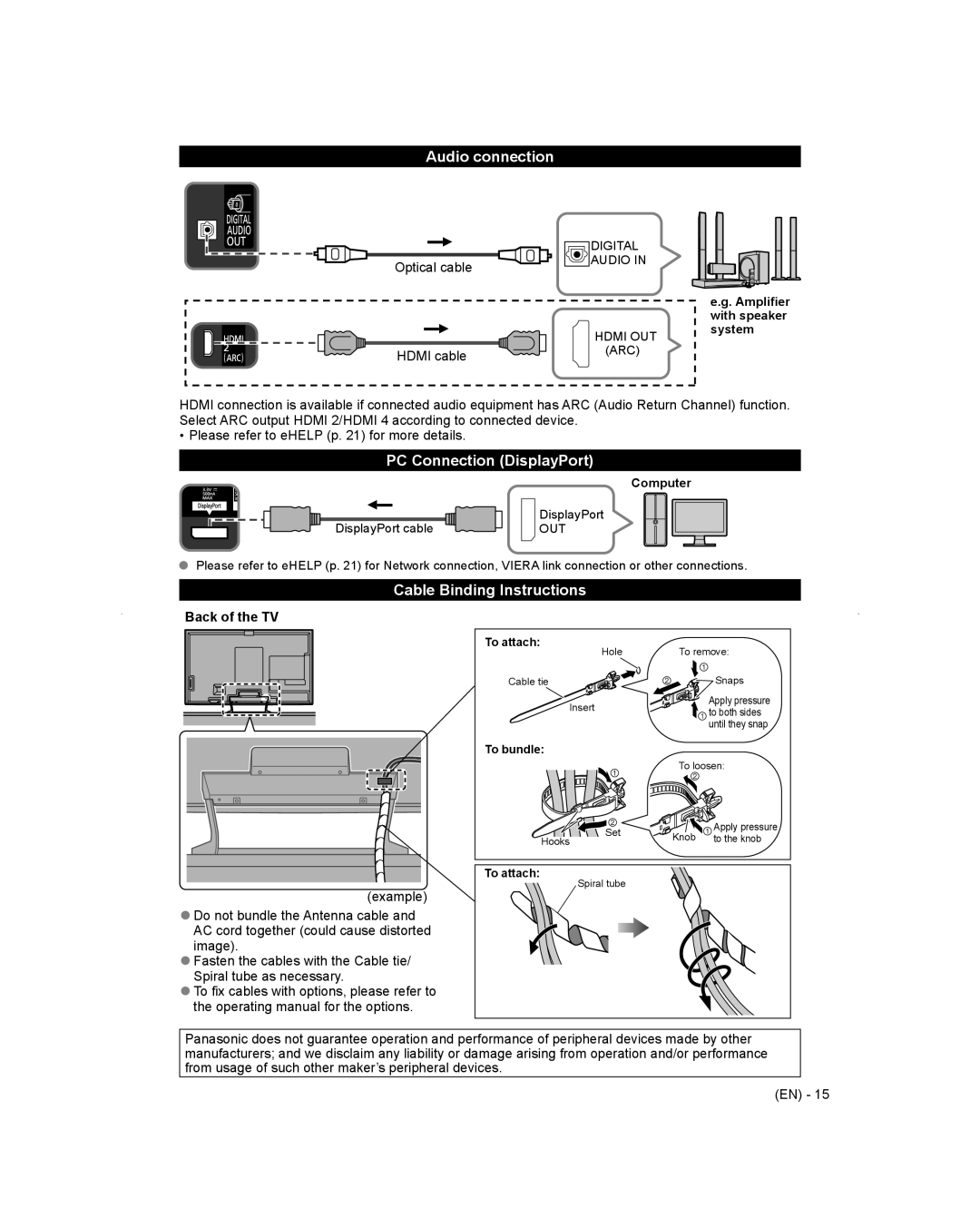 Panasonic TC-L65WT600 owner manual Audio connection, PC Connection DisplayPort, Cable Binding Instructions, Computer 