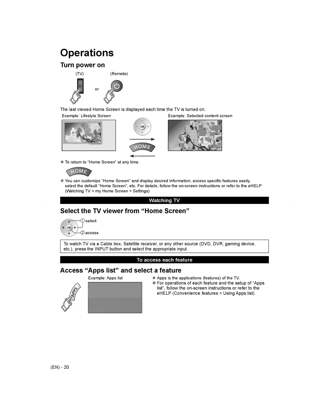 Panasonic TC-L65WT600 owner manual Operations, Watching TV, To access each feature 