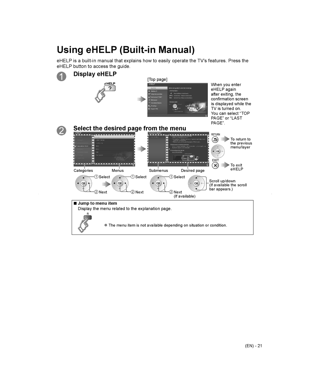 Panasonic TC-L65WT600 owner manual Using eHELP Built-in Manual, Jump to menu item 