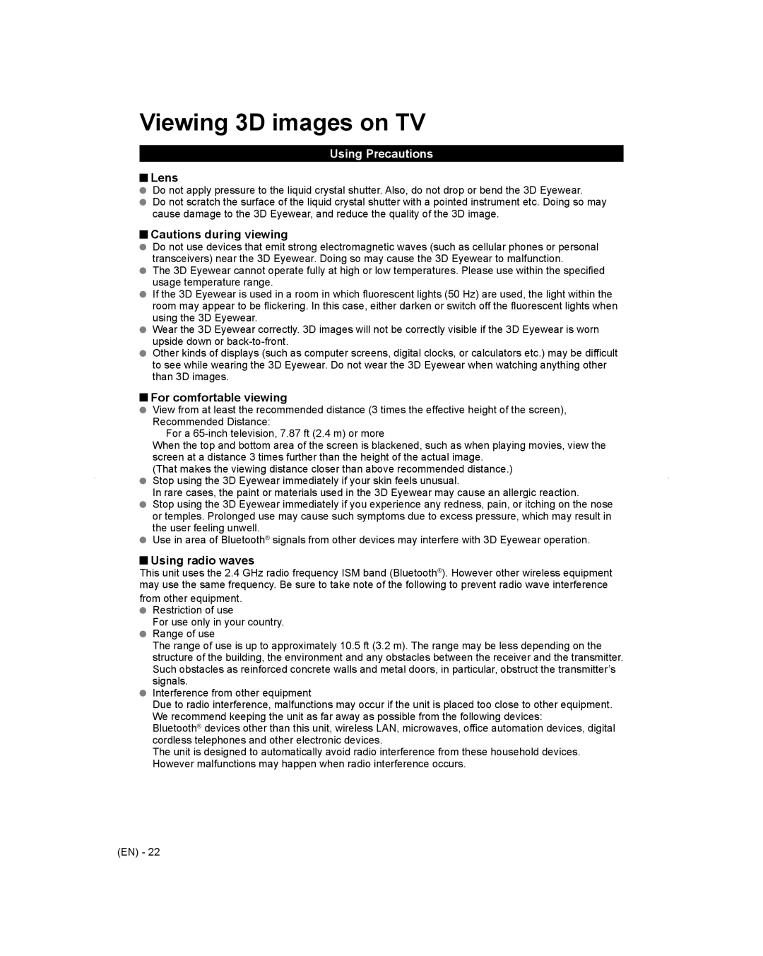 Panasonic TC-L65WT600 Viewing 3D images on TV, Using Precautions, Lens, For comfortable viewing, Using radio waves 