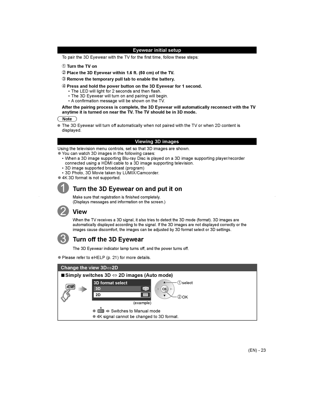 Panasonic TC-L65WT600 owner manual Eyewear initial setup, Viewing 3D images, Change the view 3D⇔2D 