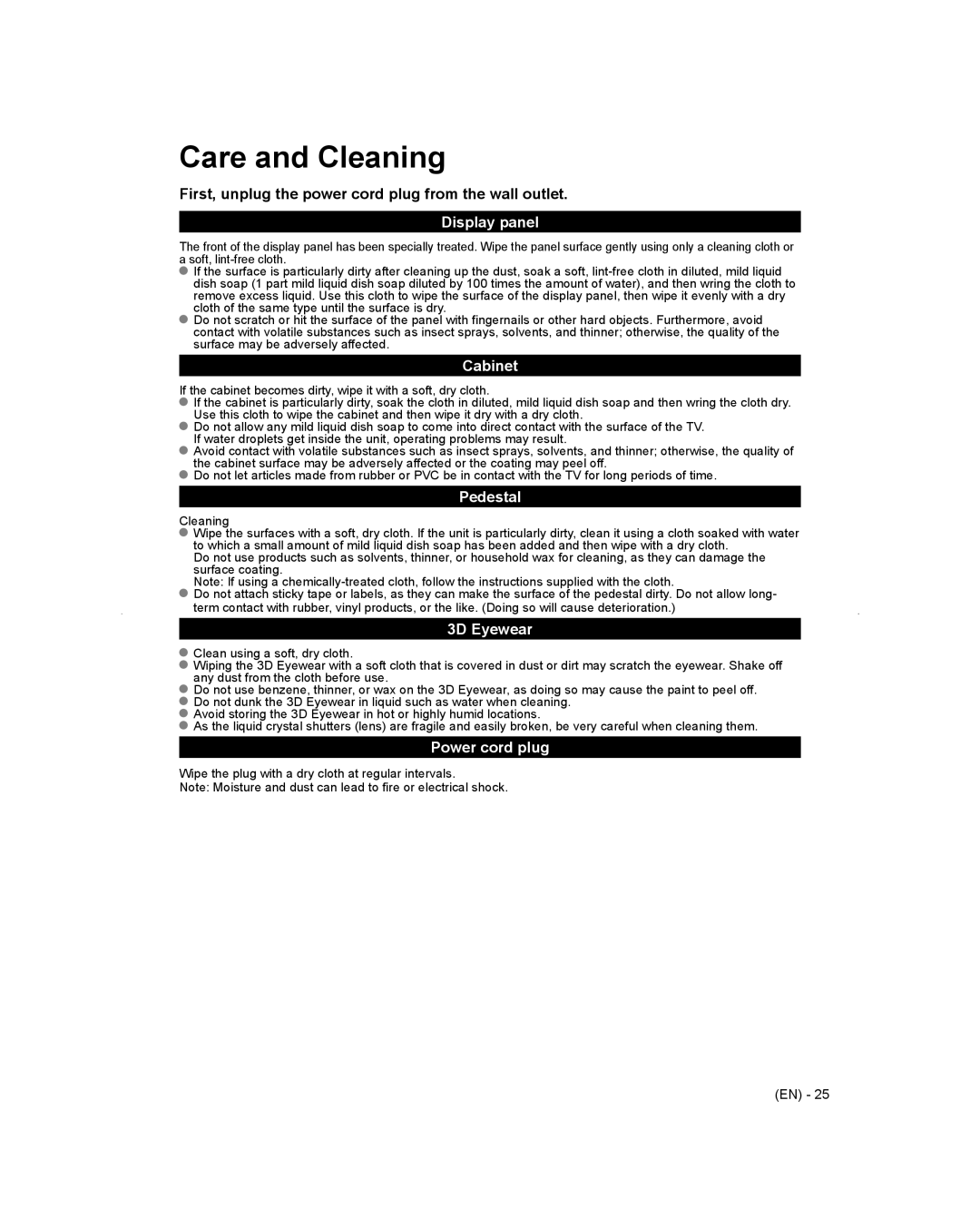 Panasonic TC-L65WT600 owner manual Care and Cleaning 