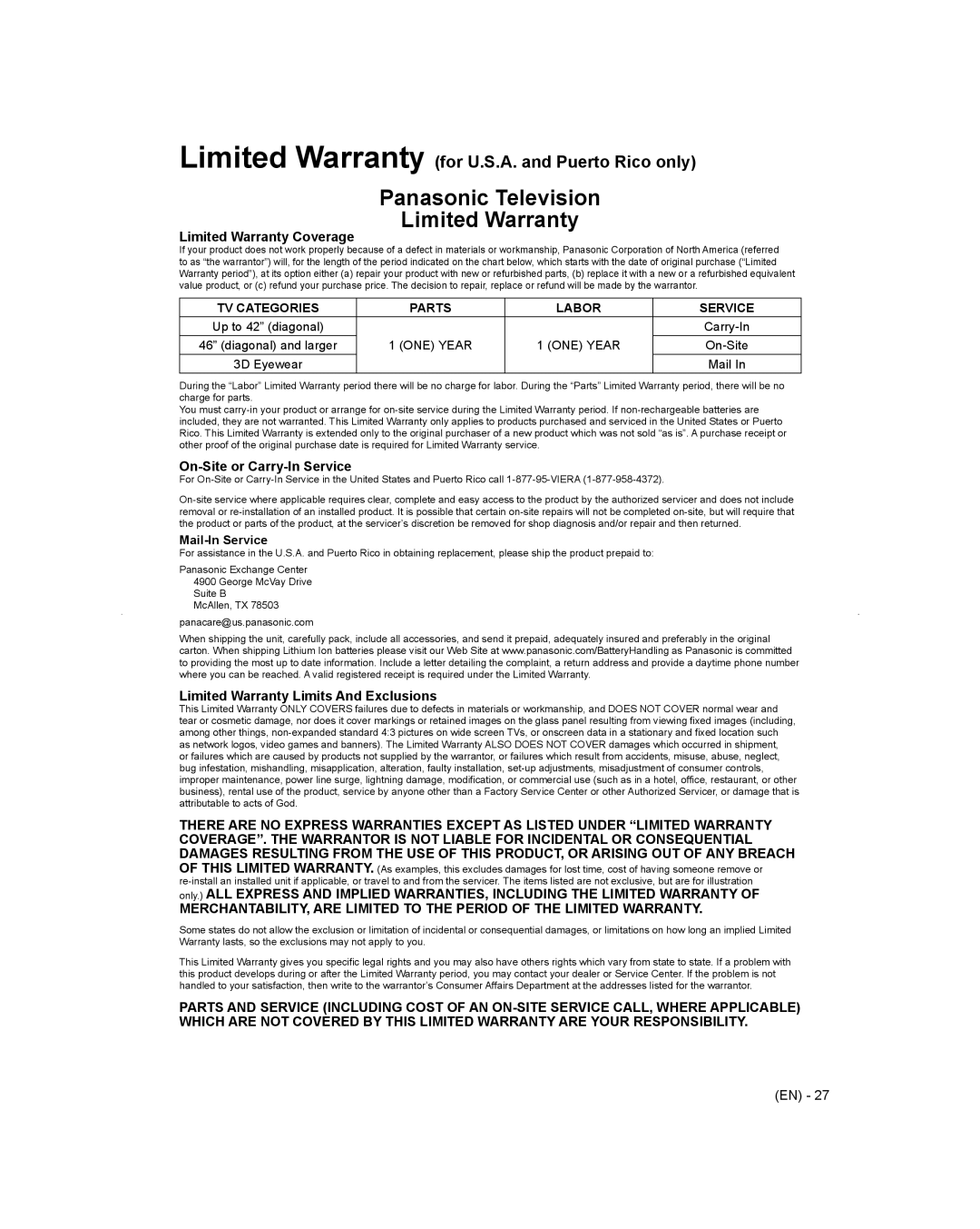 Panasonic TC-L65WT600 Limited Warranty Coverage, On-Site or Carry-In Service, Limited Warranty Limits And Exclusions 