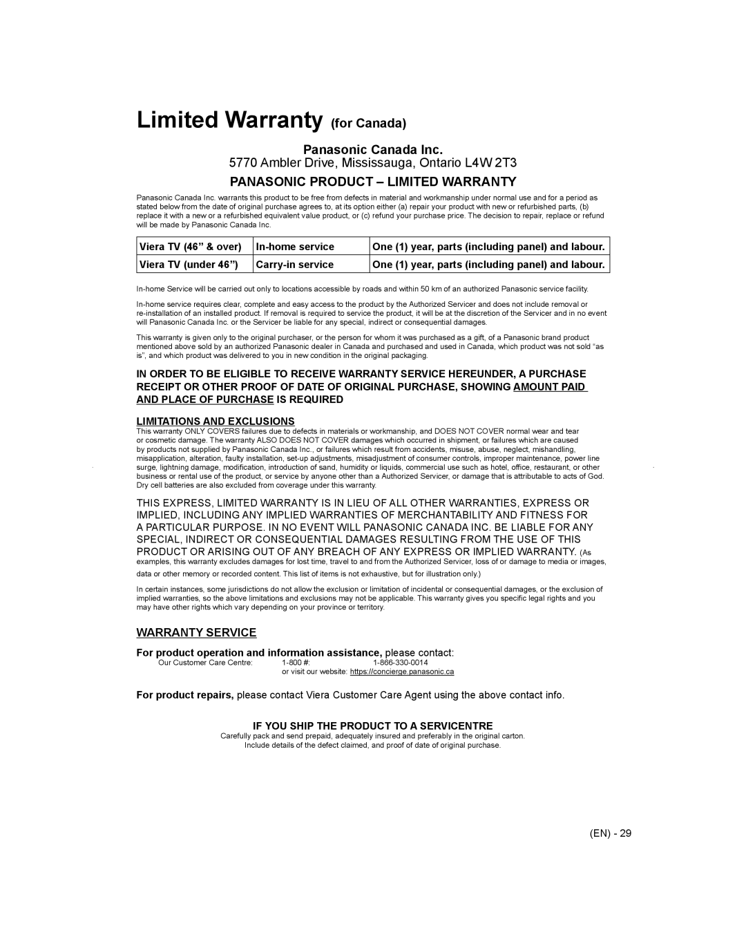 Panasonic TC-L65WT600 Limited Warranty for Canada, Viera TV 46 & over In-home service, Viera TV under Carry-in service 