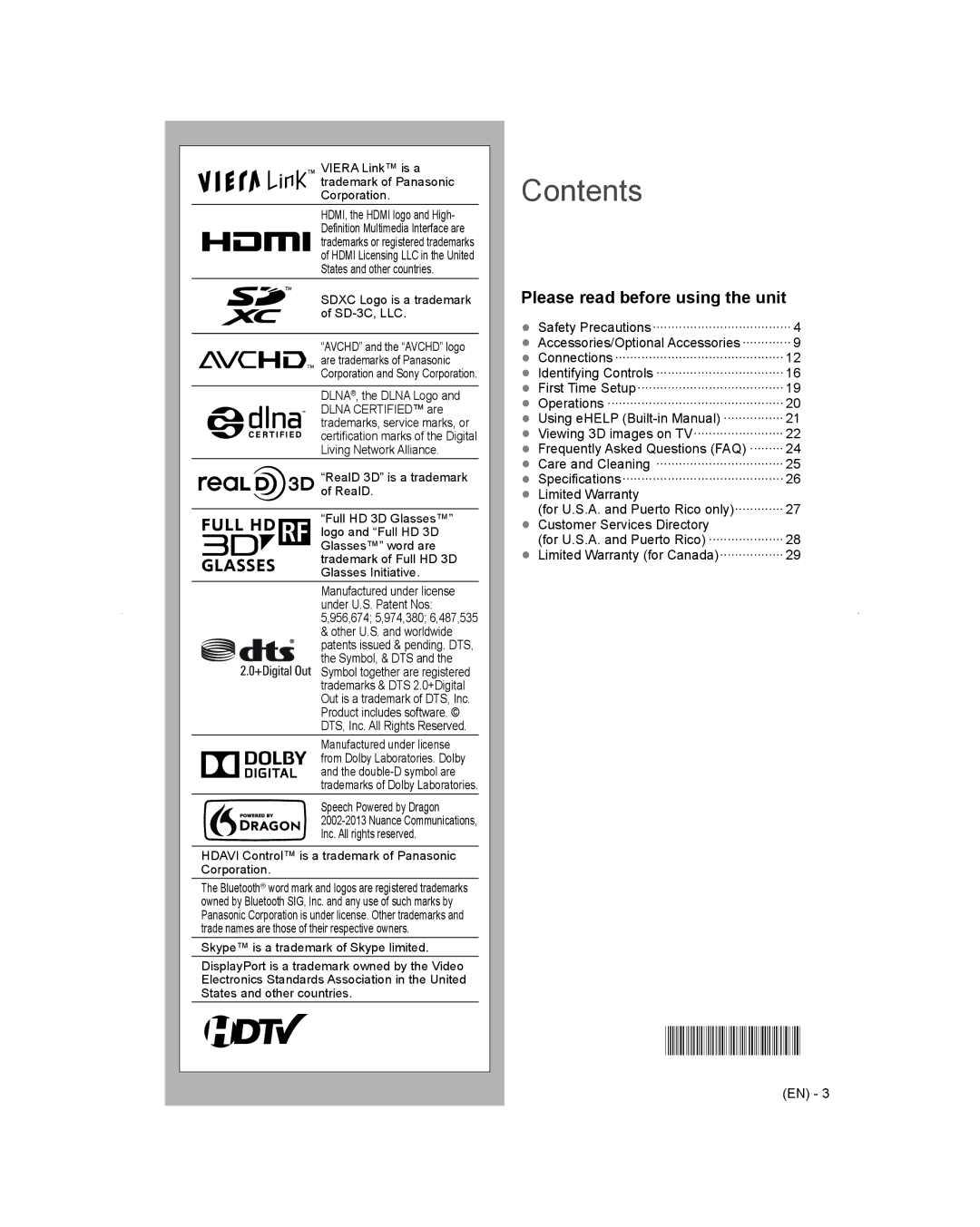 Panasonic TC-L65WT600 owner manual Contents 