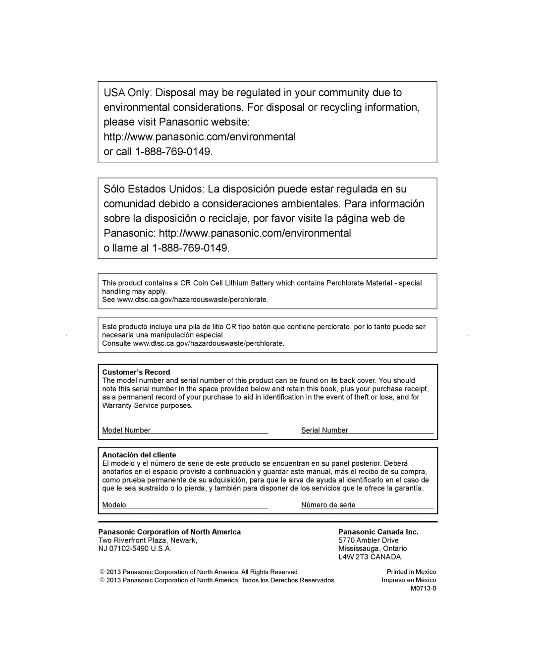 Panasonic TC-L65WT600 owner manual Customer’s Record, Anotación del cliente 