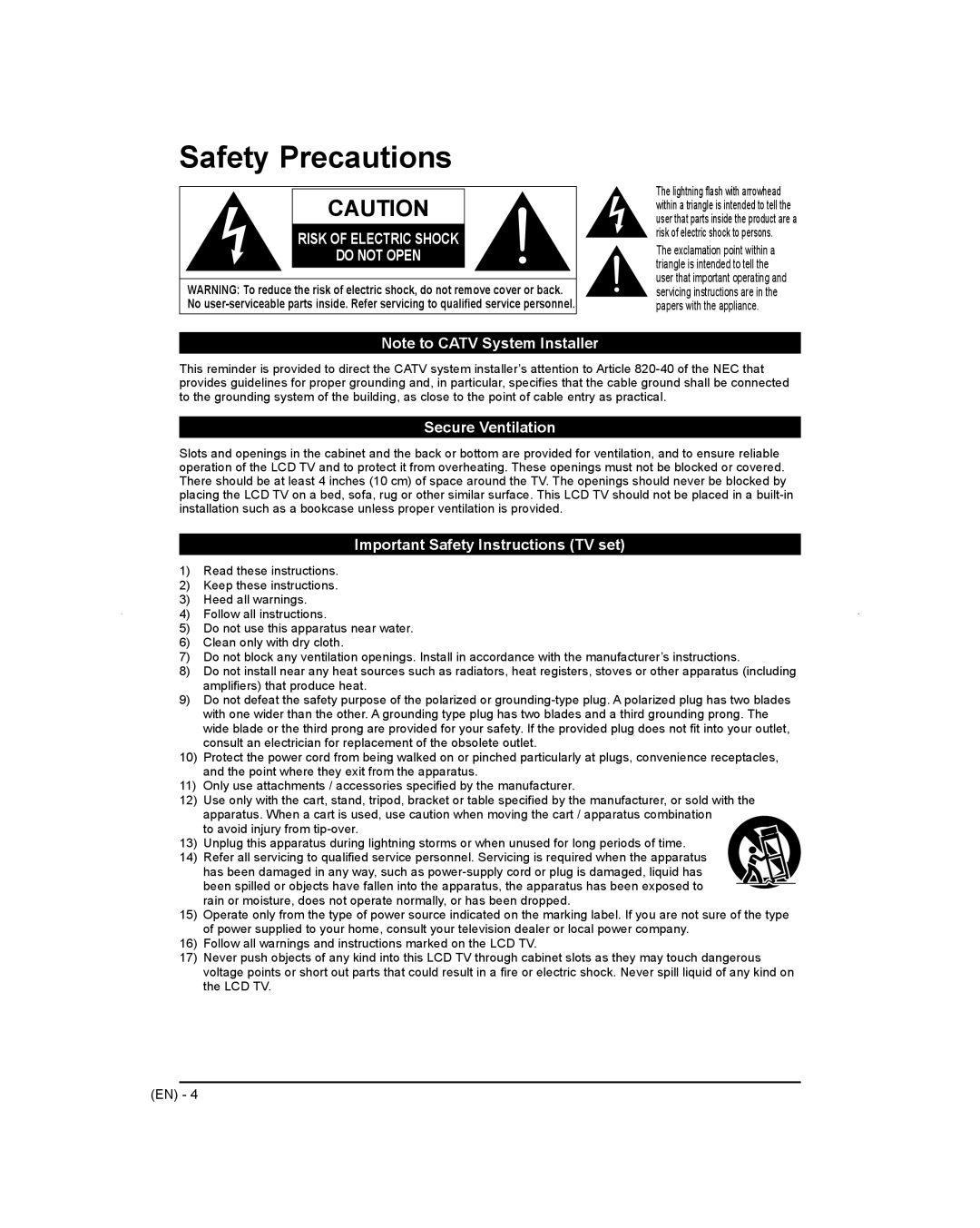 Panasonic TC-L65WT600 owner manual Safety Precautions, Secure Ventilation, Important Safety Instructions TV set 