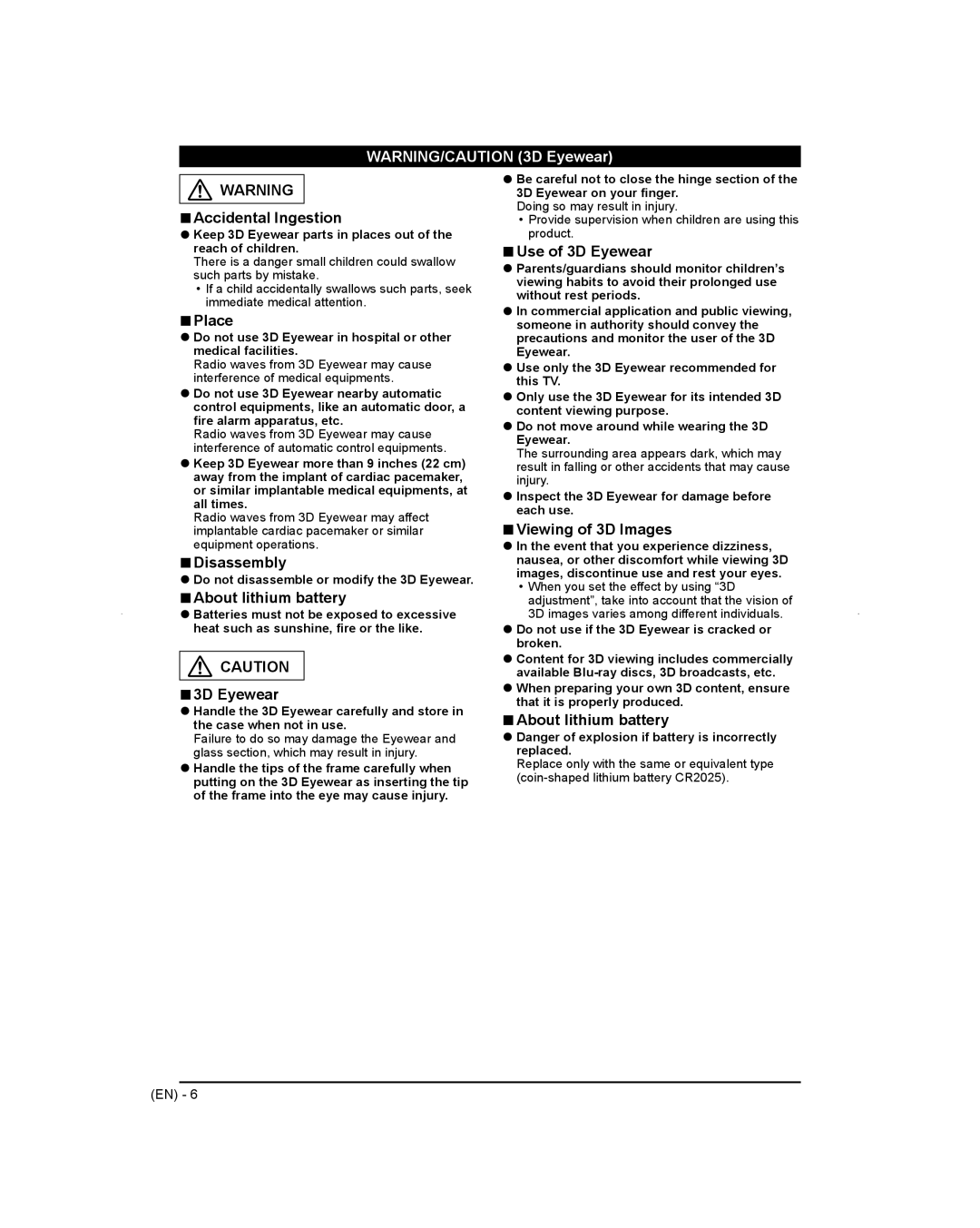 Panasonic TC-L65WT600 owner manual Accidental Ingestion, Place, Disassembly, Use of 3D Eyewear, Viewing of 3D Images 