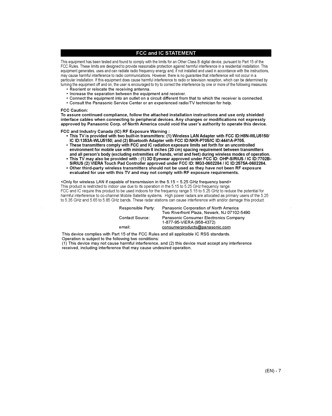 Panasonic TC-L65WT600 owner manual FCC and IC Statement, FCC Caution, FCC and Industry Canada IC RF Exposure Warning 