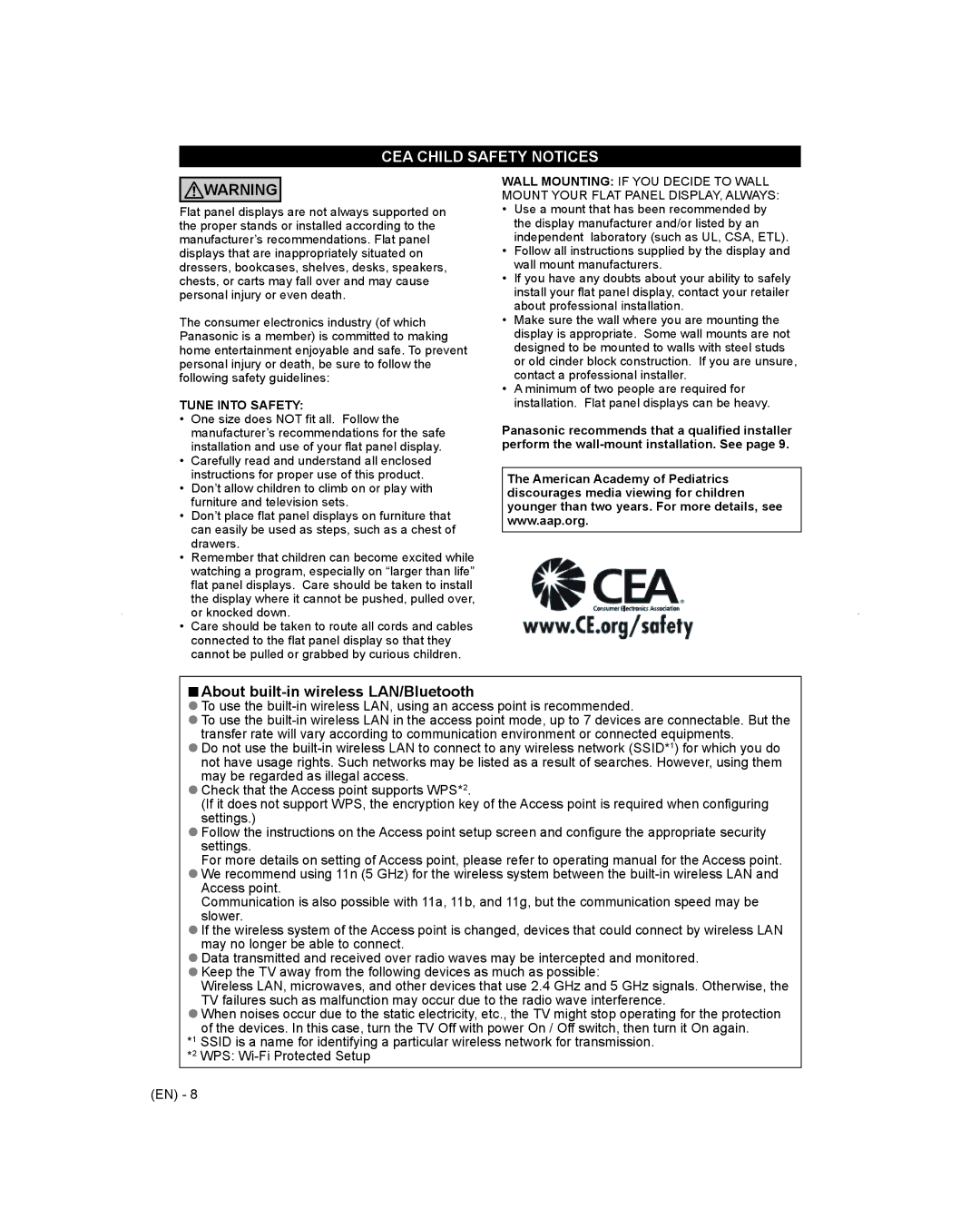 Panasonic TC-L65WT600 owner manual CEA Child Safety Notices, About built-in wireless LAN/Bluetooth 