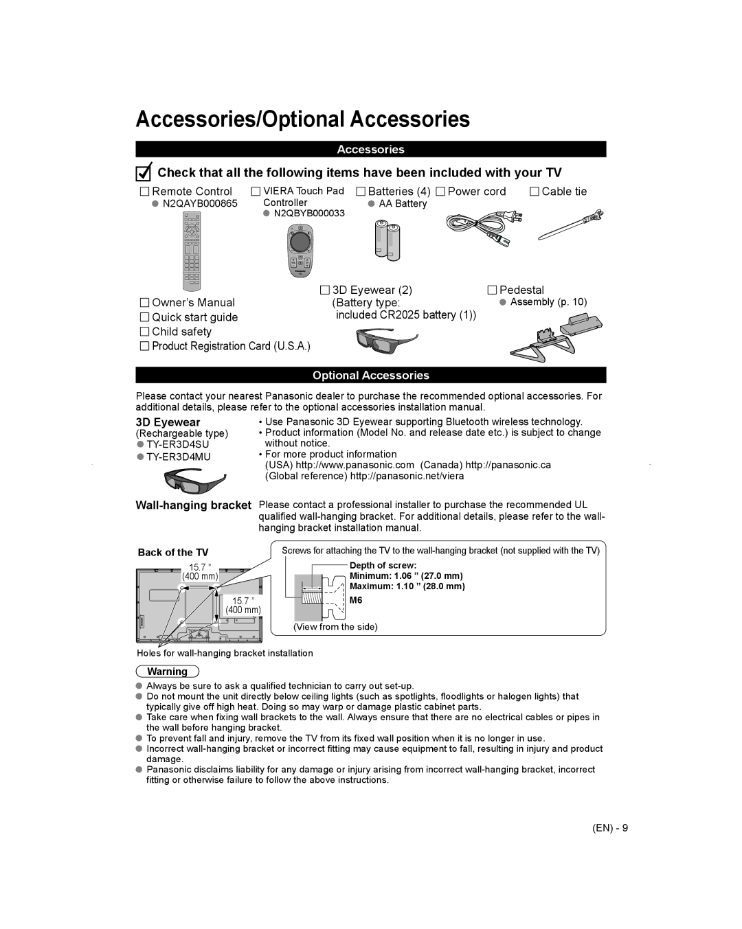 Panasonic TC-L65WT600 owner manual Accessories/Optional Accessories, Back of the TV 