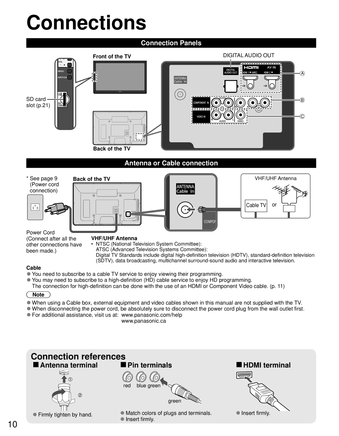 Panasonic TC-P4632C, TC-P4232C, TC-P5032C owner manual Connections, Connection Panels, Antenna or Cable connection 