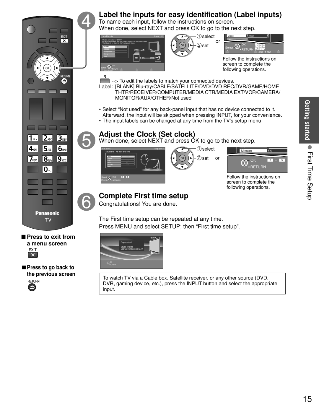 Panasonic TC-P4232C, TC-P4632C, TC-P5032C Label the inputs for easy identification Label inputs, Adjust the Clock Set clock 