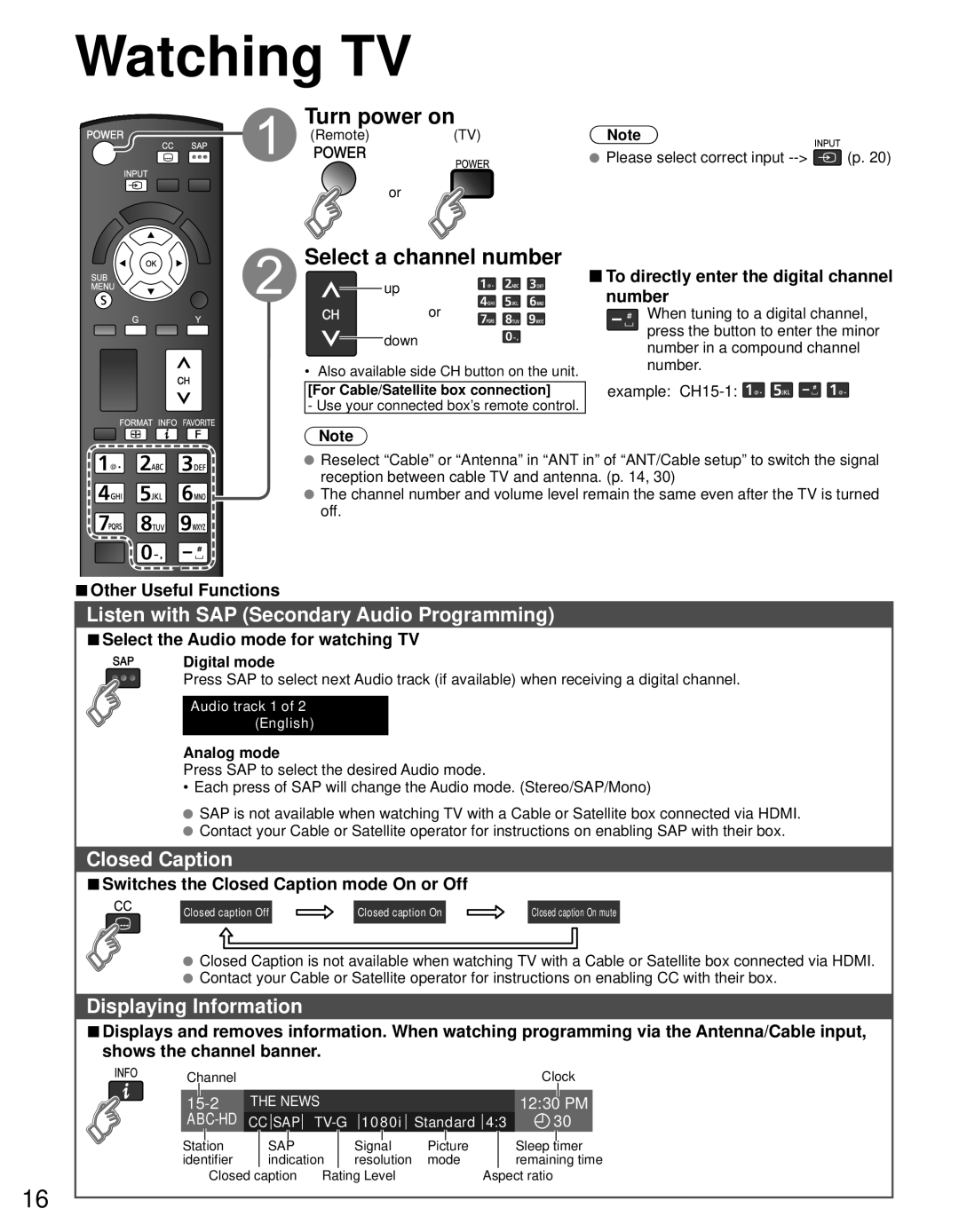 Panasonic TC-P4632C, TC-P4232C, TC-P5032C owner manual Watching TV, Turn power on, Select a channel number 