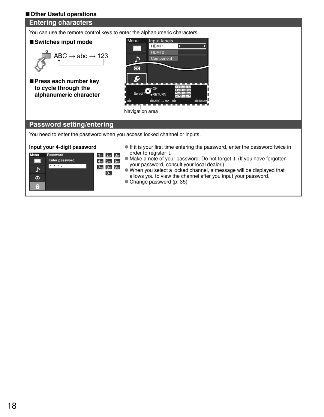 Panasonic TC-P4232C Entering characters, Password setting/entering, Other Useful operations, Switches input mode 