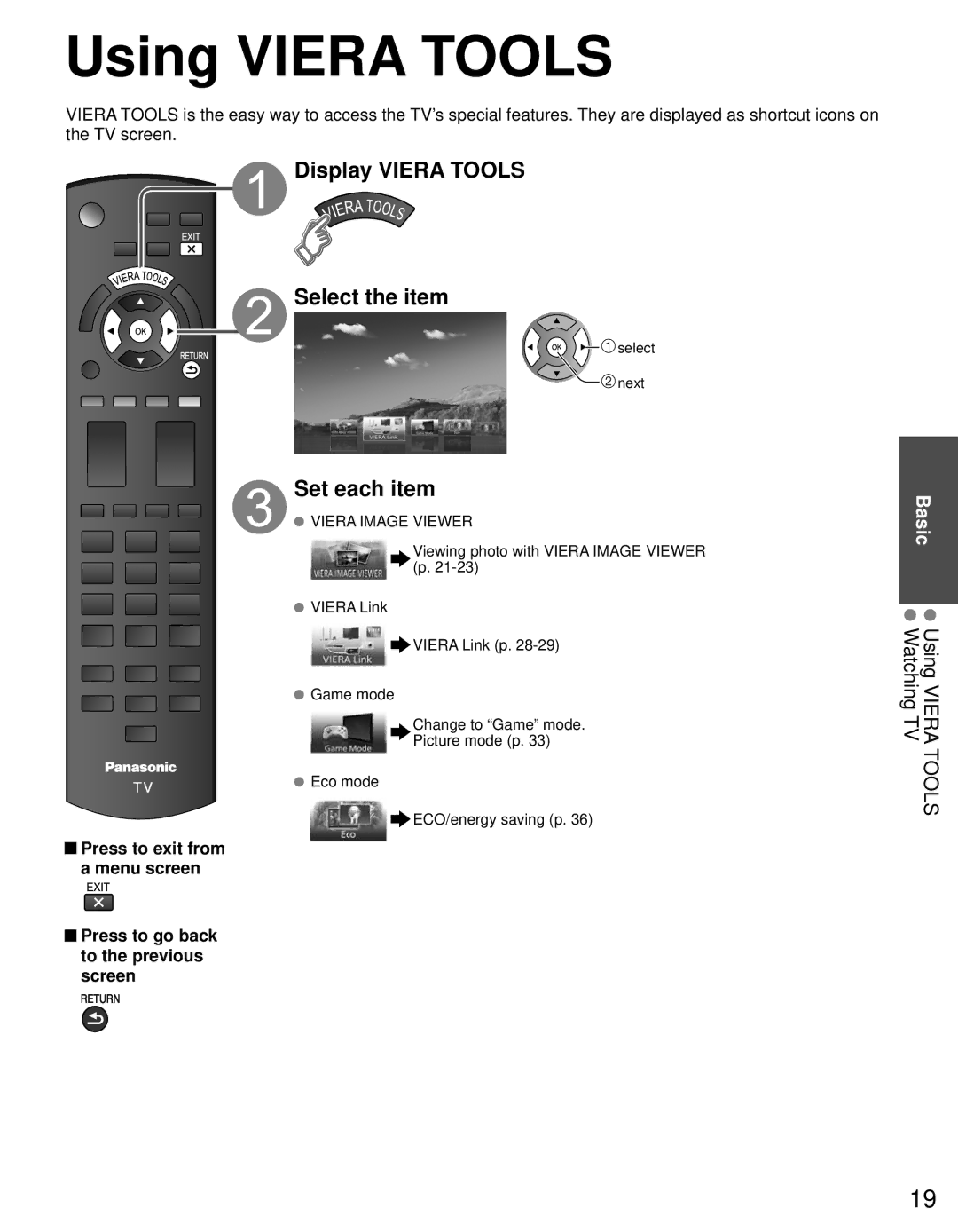 Panasonic TC-P4632C, TC-P4232C Display Viera Tools Select the item, Set each item, Using Viera Tools Watching TV 