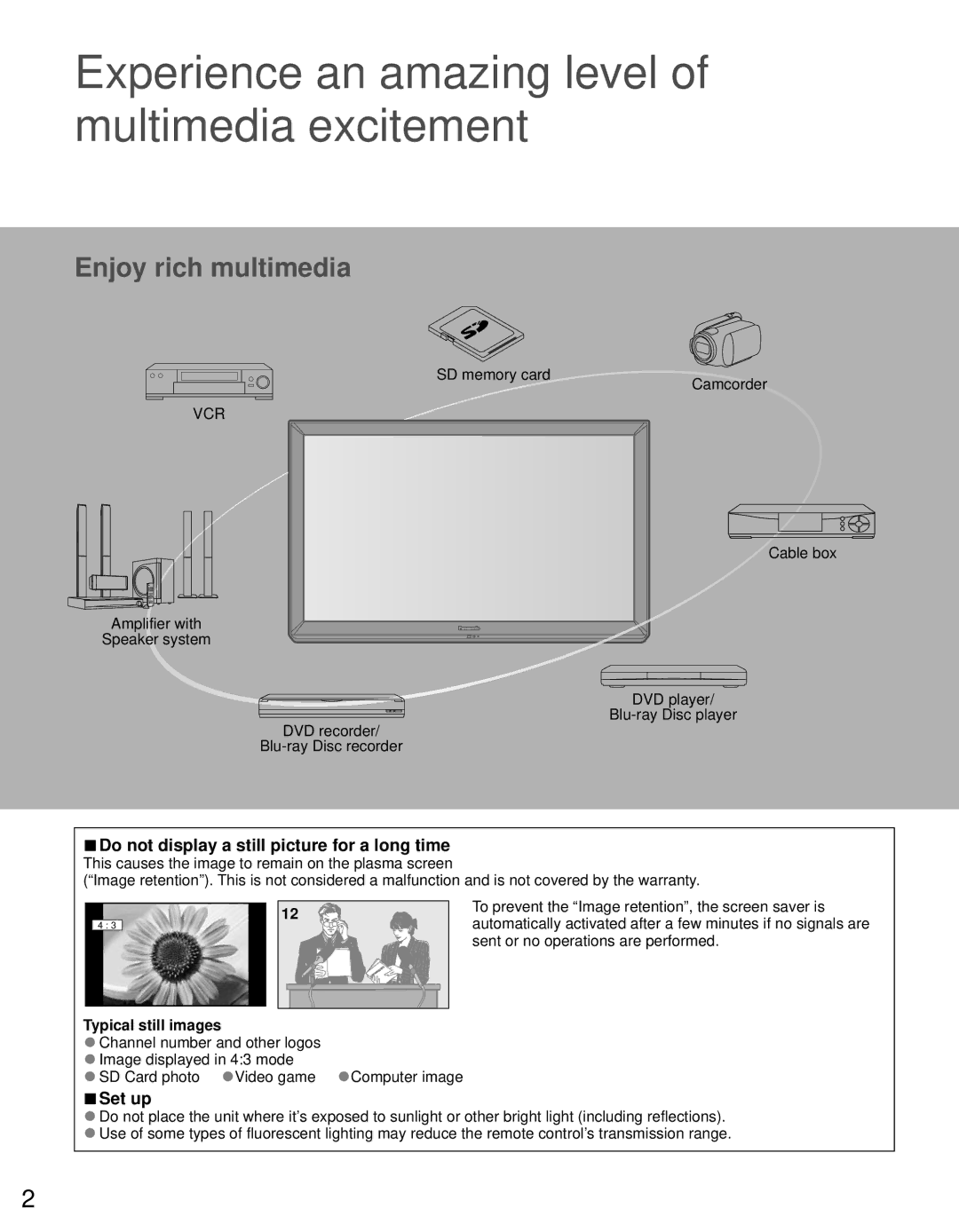 Panasonic TC-P5032C, TC-P4232C, TC-P4632C Do not display a still picture for a long time, Set up, Typical still images 