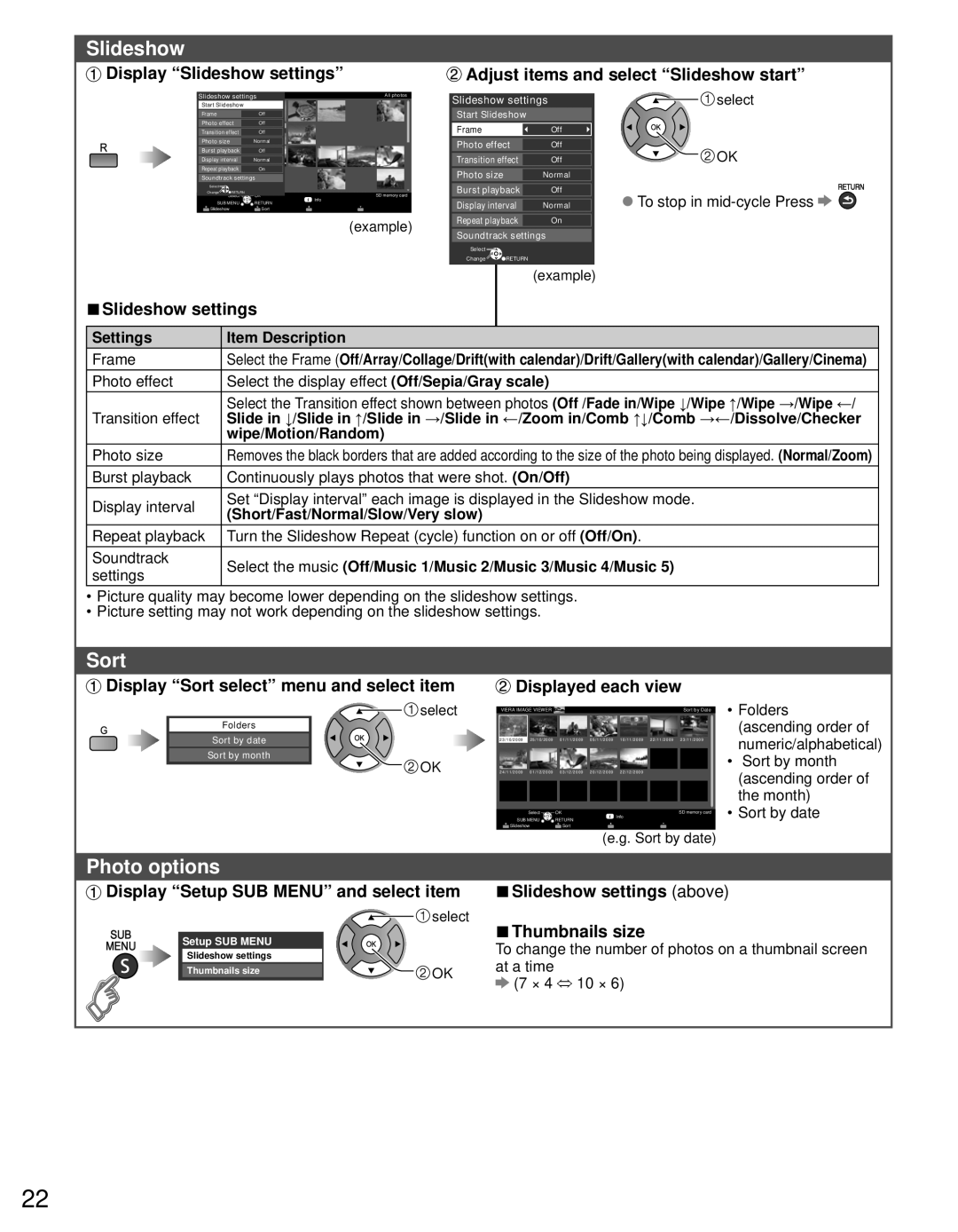 Panasonic TC-P4632C, TC-P4232C, TC-P5032C owner manual Slideshow, Sort 