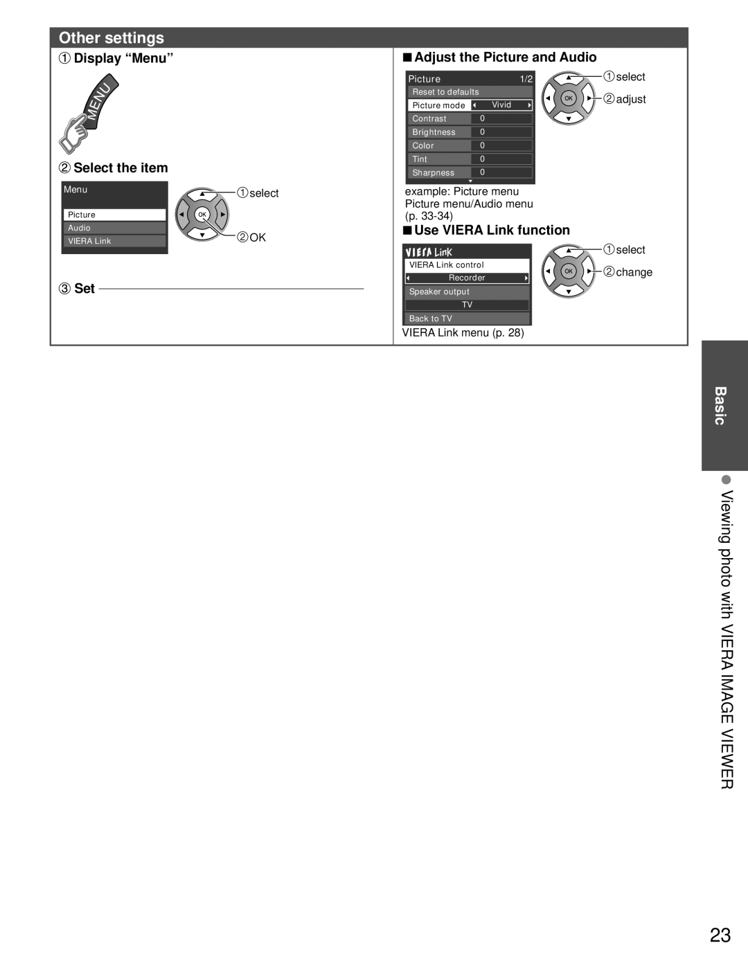 Panasonic TC-P5032C, TC-P4232C Other settings, Viewing photo with Viera Image Viewer, Set, Use Viera Link function 