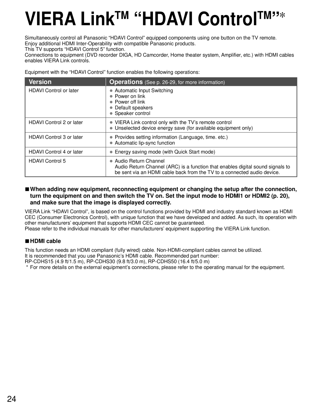 Panasonic TC-P4232C, TC-P4632C, TC-P5032C owner manual Viera LinkTM Hdavi ControlTM, Version, Hdmi cable 