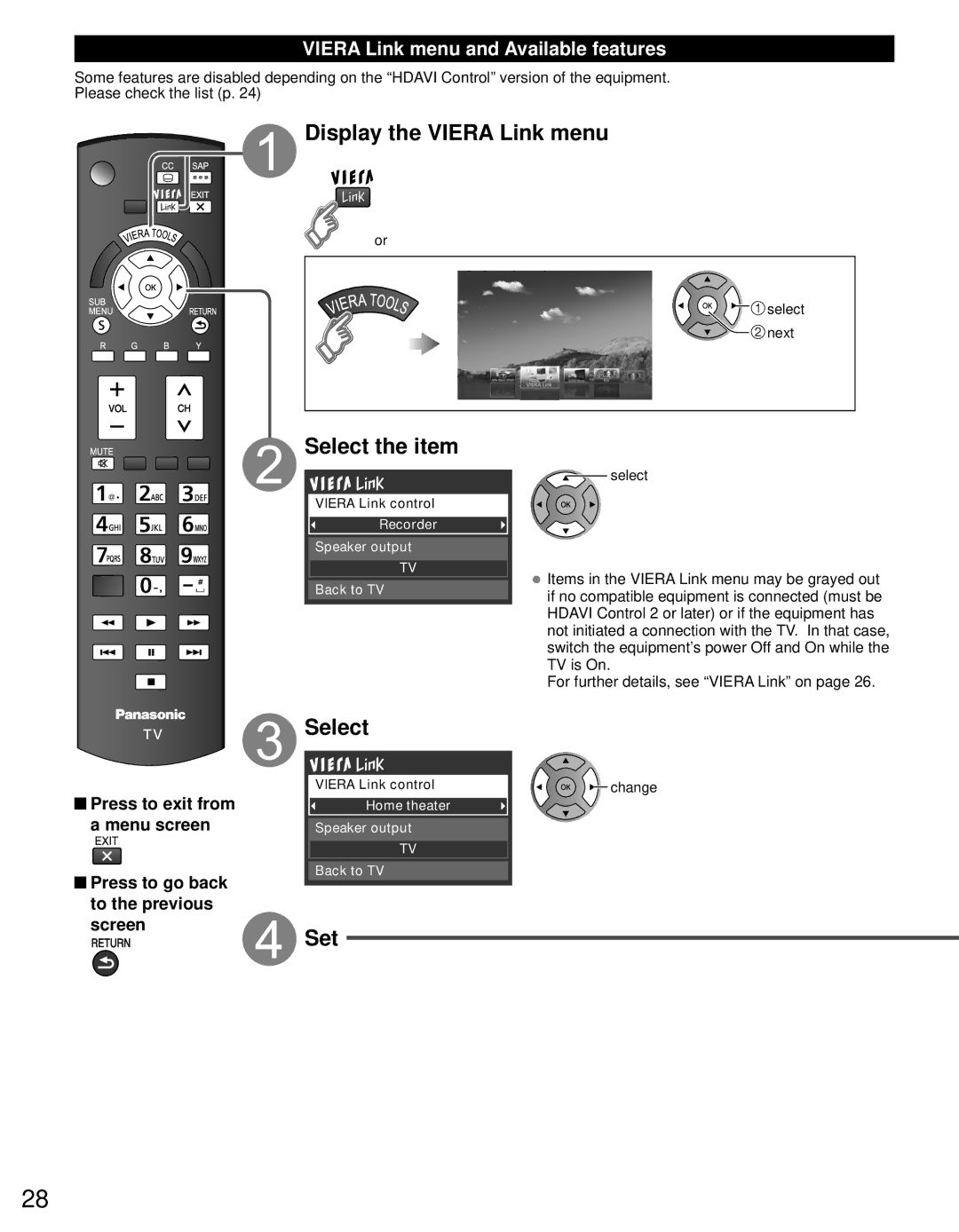 Panasonic TC-P4632C, TC-P4232C, TC-P5032C Display the Viera Link menu, Select, Set, Viera Link menu and Available features 