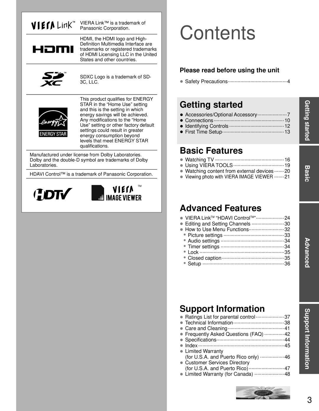 Panasonic TC-P4232C, TC-P4632C, TC-P5032C owner manual Contents 