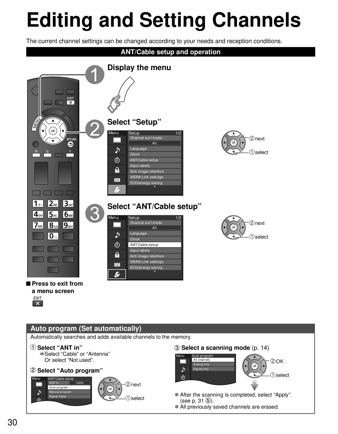 Panasonic TC-P4232C, TC-P4632C Editing and Setting Channels, Display the menu Select Setup, Select ANT/Cable setup 